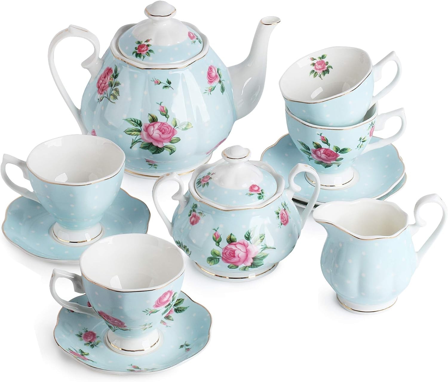 	BTaT- Floral Tea Set Tea cups 8oz Tea Pot 38oz Creamer and Sugar Set Gift	