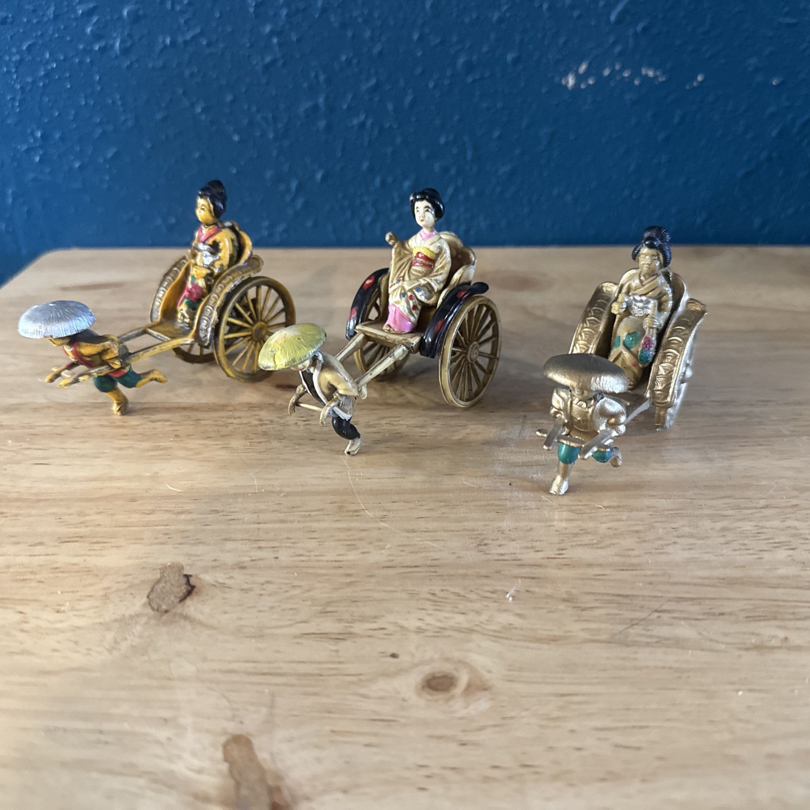 Vintage Japanese Celluloid Rickshaw Geisha Figurine Set - Japan 1930’s To 1940s