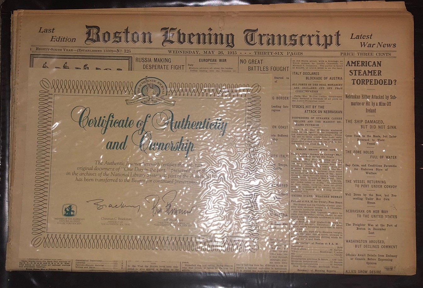 Boston Evening Transcript Newspaper COA May 26, 1915