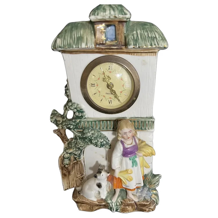 Antique German Porcelain Working Clock Girl & Dog Figural Mercedes 10\