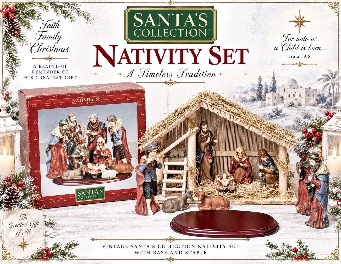 Vintage (10) Piece Nativity Set Fine Porcelain W/Wooden Stable & Wooden Base
