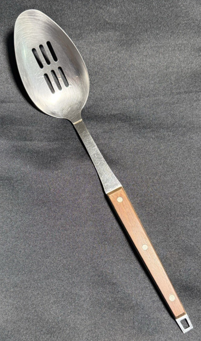 Ekco Flint USA Stainless Slotted Serving Spoon Wood Handle 11.5 Inch