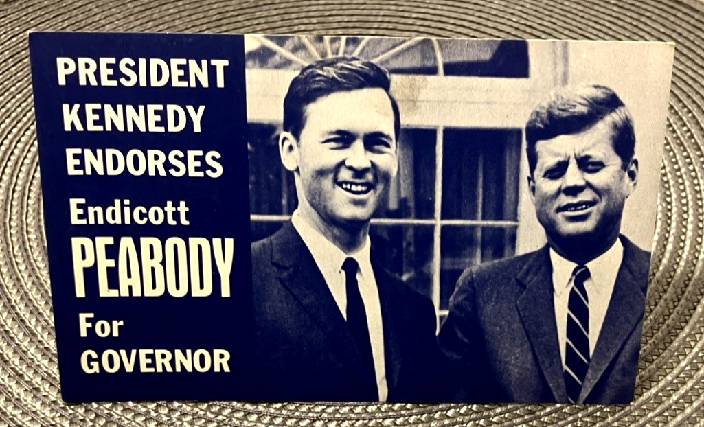Vintage 1962 JFK+Endicott Peabody for Massachusetts Governor Campaign Palm Card.