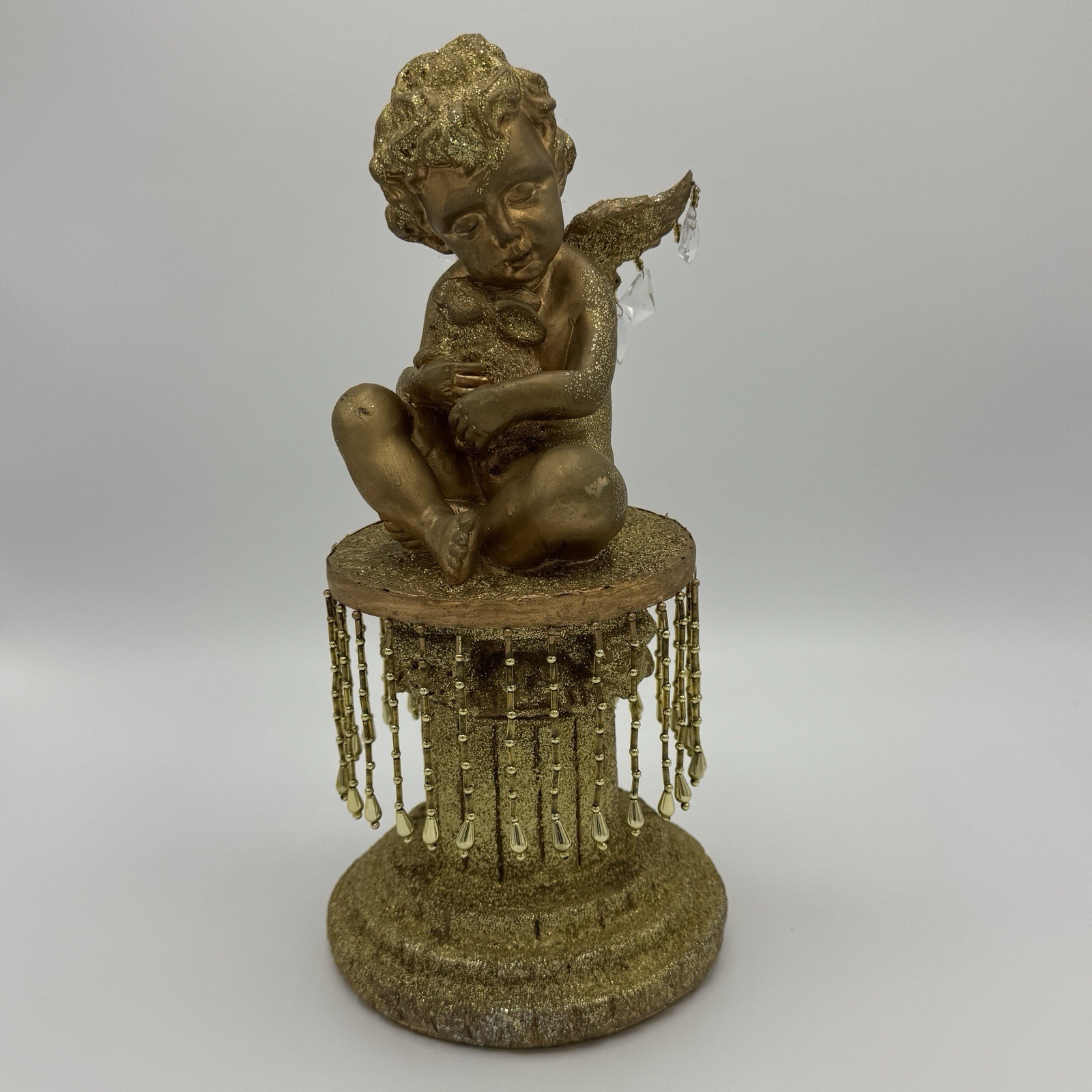 Cherub Sitting On Glittery Golden Beaded Pedestal Holding Rabbit Figure Decor