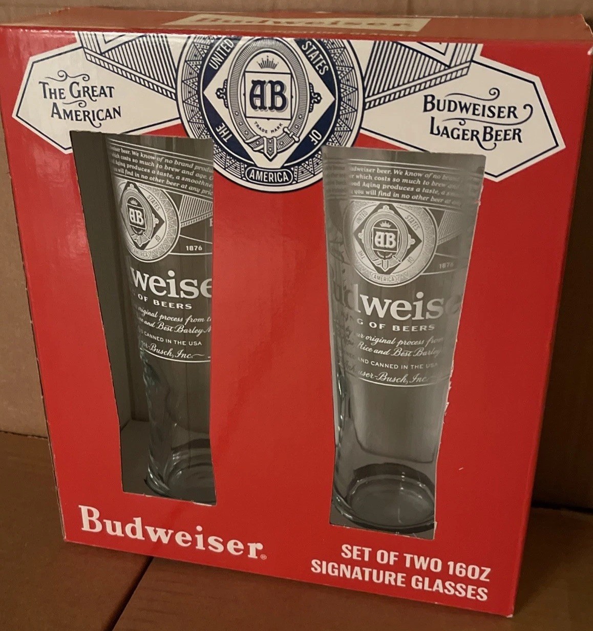 Anheuser-Busch Budweiser Set Of 16 oz Signature Glasses New Rare Beer Pint Bud