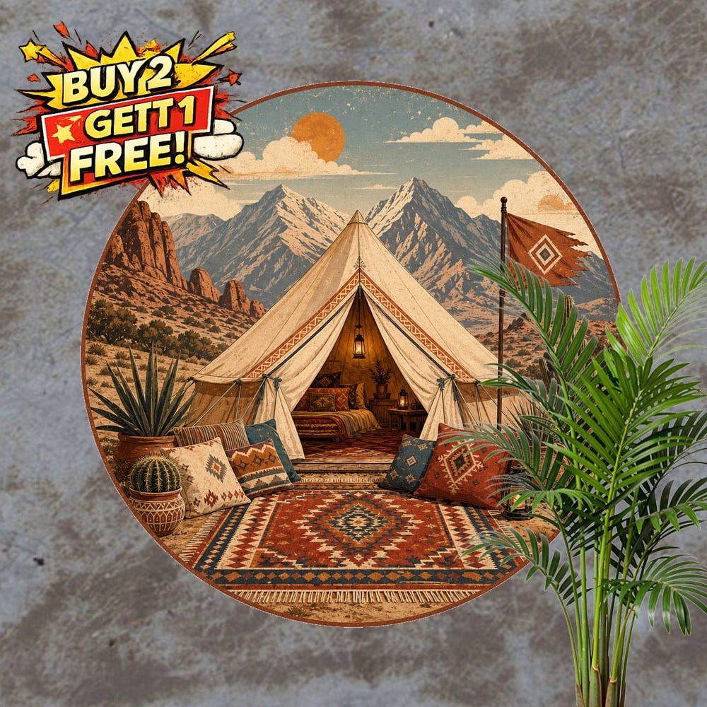 Tent Mountains Camping Scene Round Metal Sign 8x8 Outdoor Wall Art