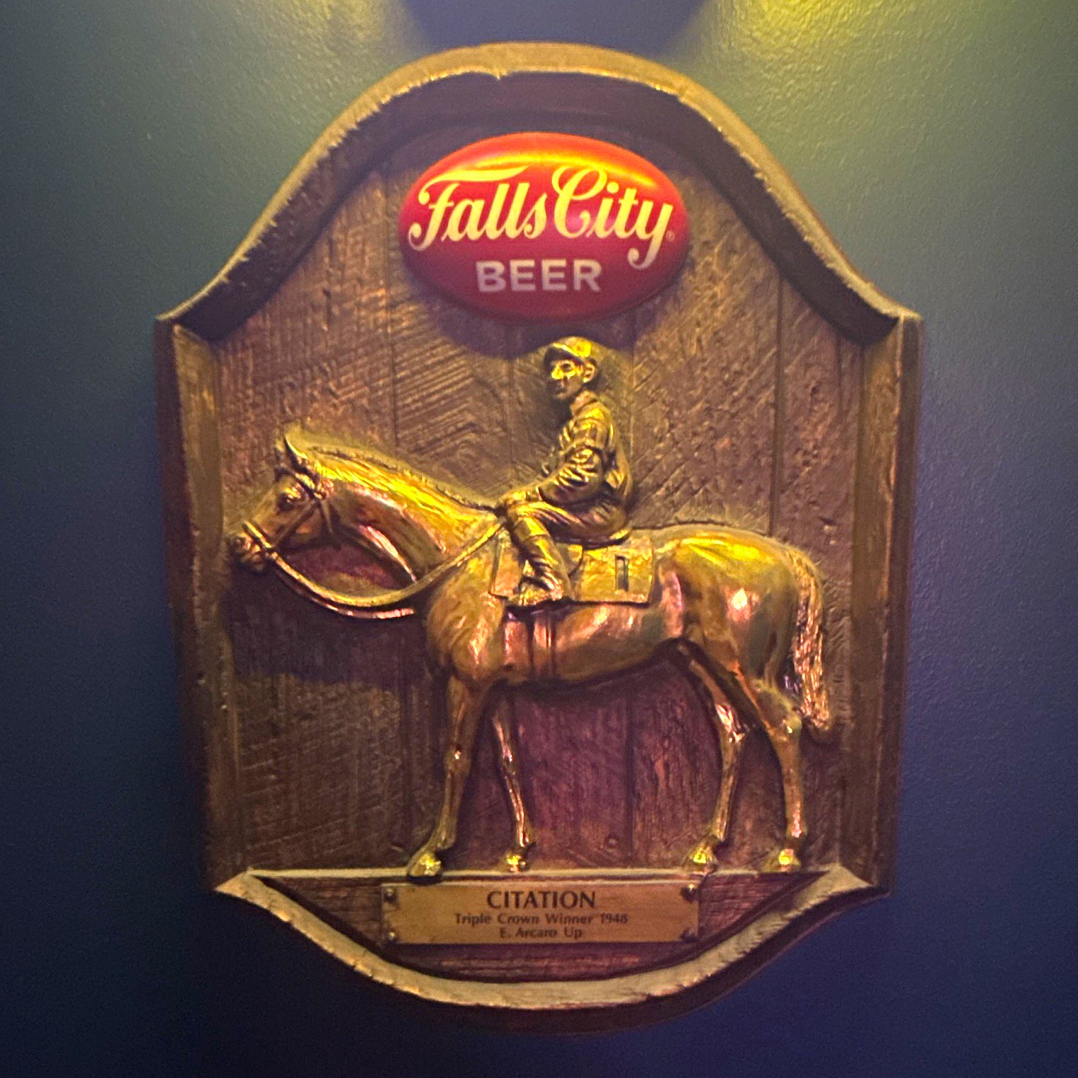 Falls City Beer “Citation” Raised Horse & Jockey Wall Plaque Sign Breweriana