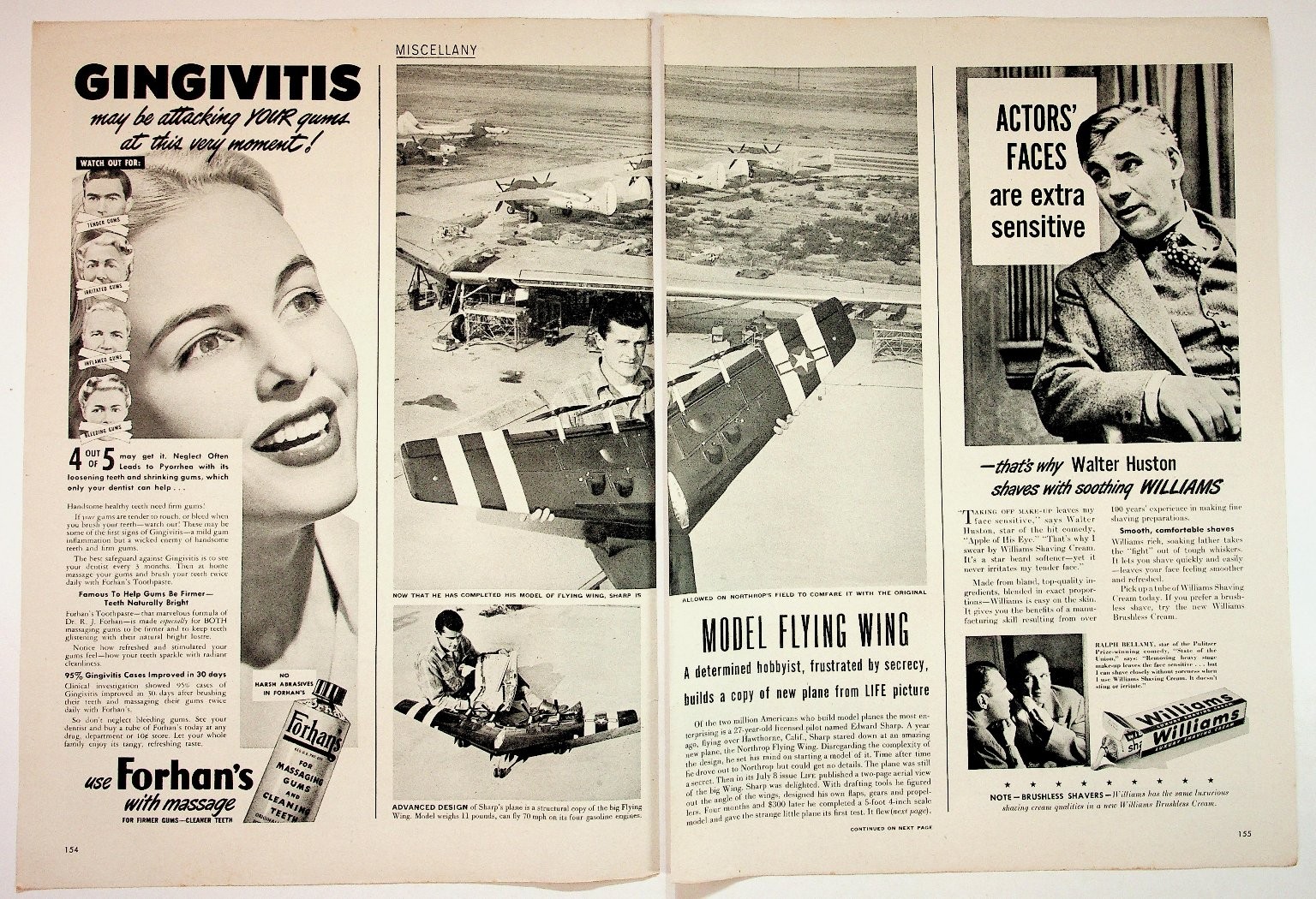 1940s Magazine Ad Spread: Flying Wing Model, Forhan's, Walter Huston Williams
