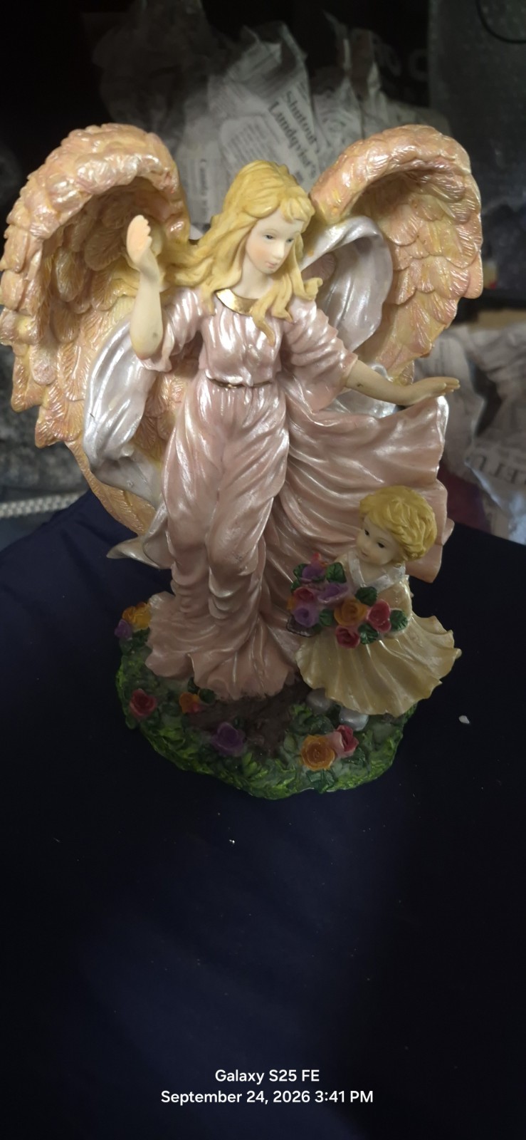 Vintage Guardian Angel Figurine Resin Statue Pink Gown Child Flowers Large Wings