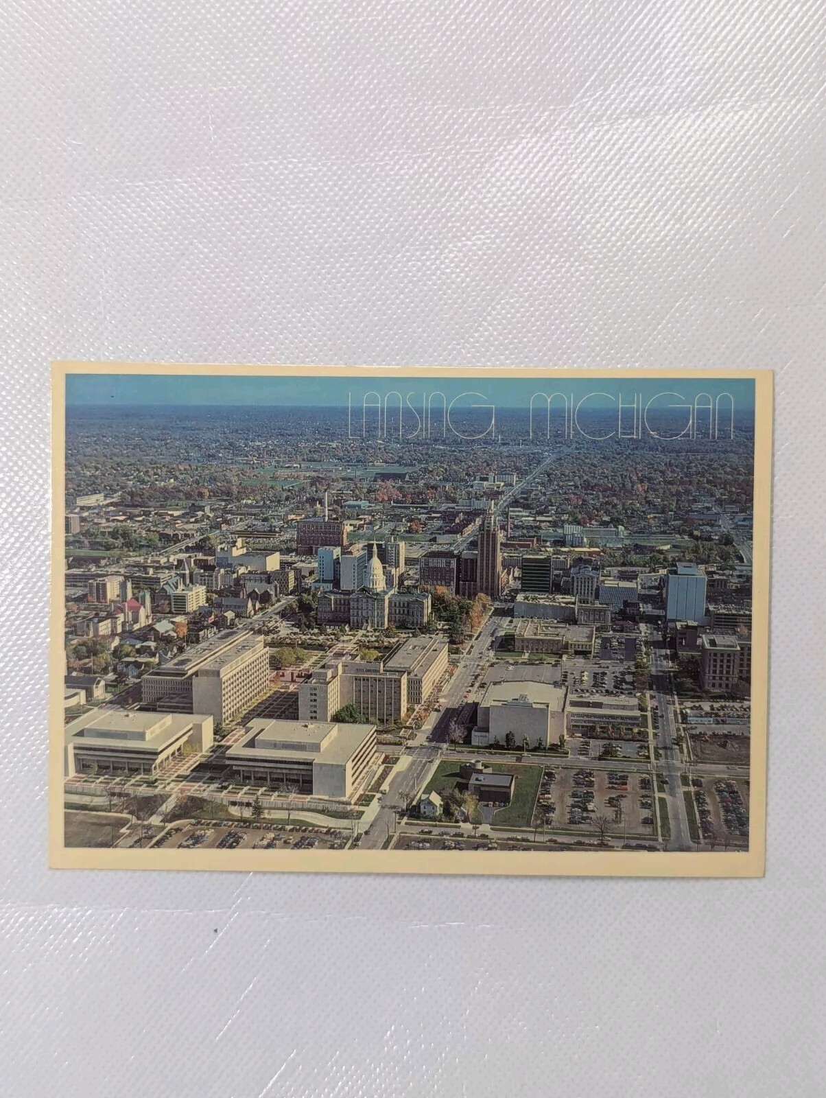 c1970s Lansing, Mich. Birds Eye Downtown State Office Civic Auditorium, Capitol