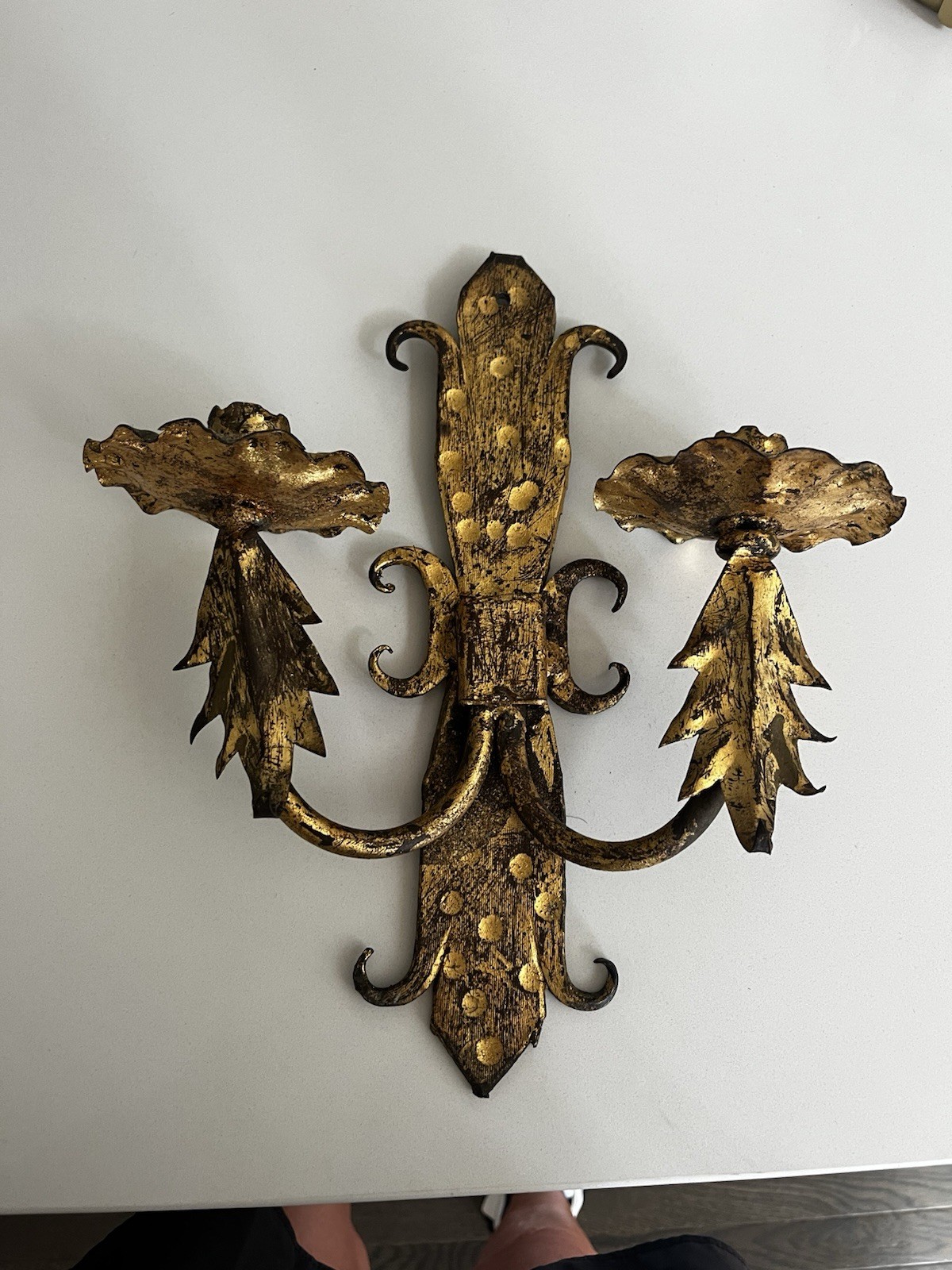 vintage Mid-Century Modern hand-wrought iron 2-arm candle wall sconce 
