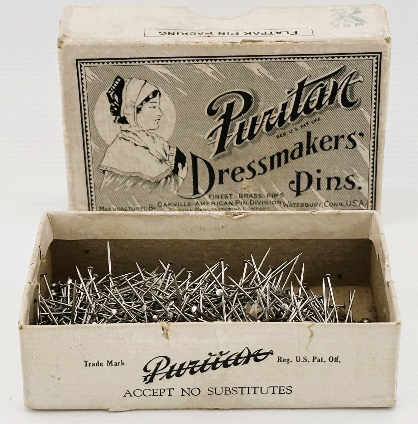 Vintage Puritan Dressmakers Pins In Box By Scovill Mfg. Brass Straight Pins