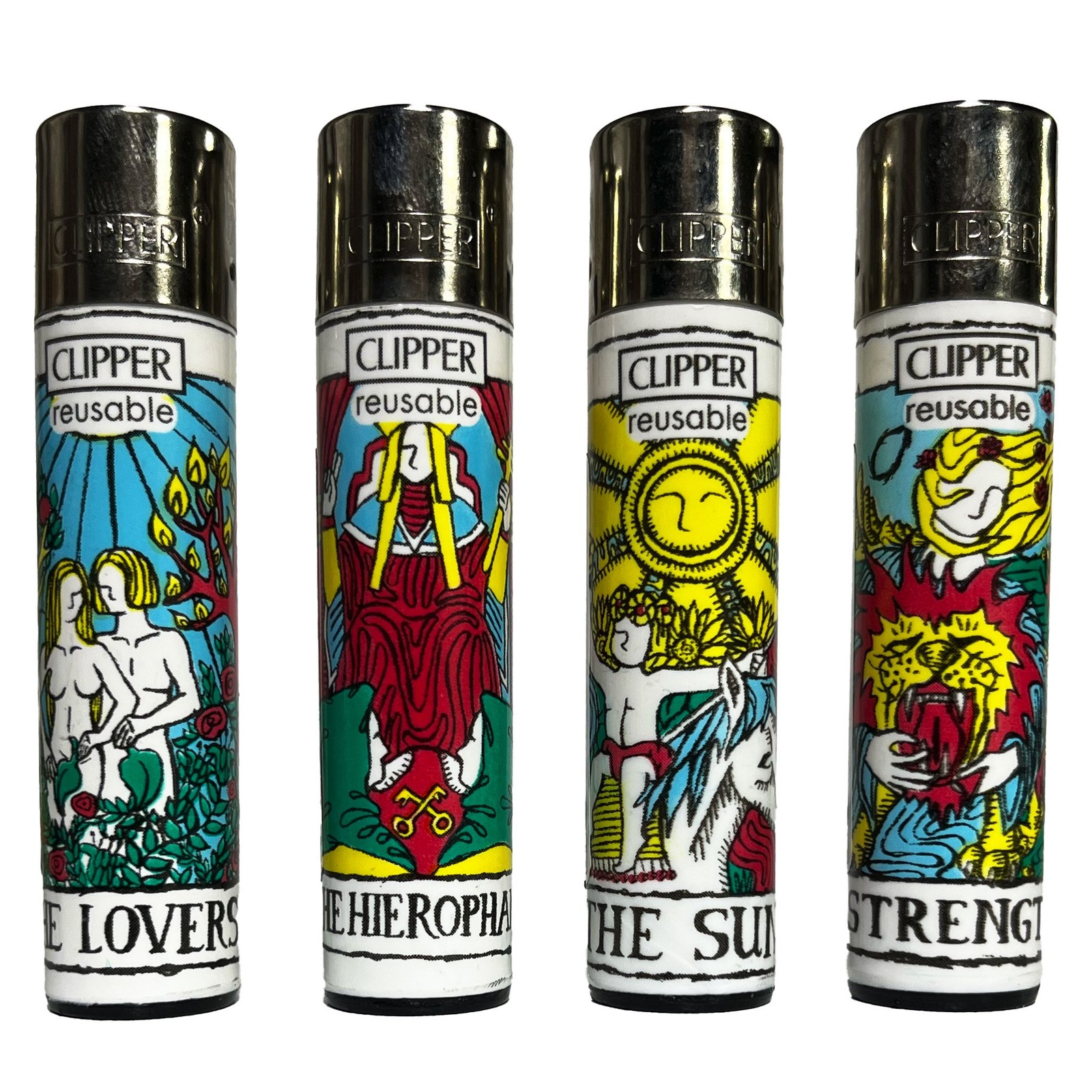 Clipper Reusable Lighters - 4 Pack - Tarot (Sun, Lovers, Hierophant, Strength)