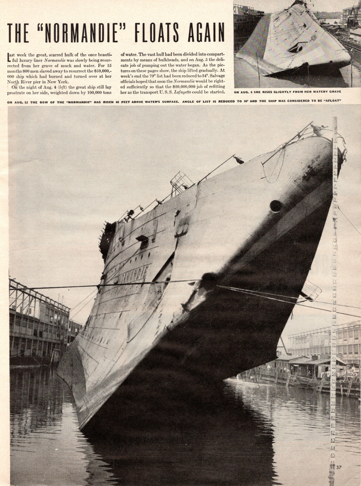1943 WW2 article The NORMANDIE FLOATS AGAIN  French Liner raised  030820