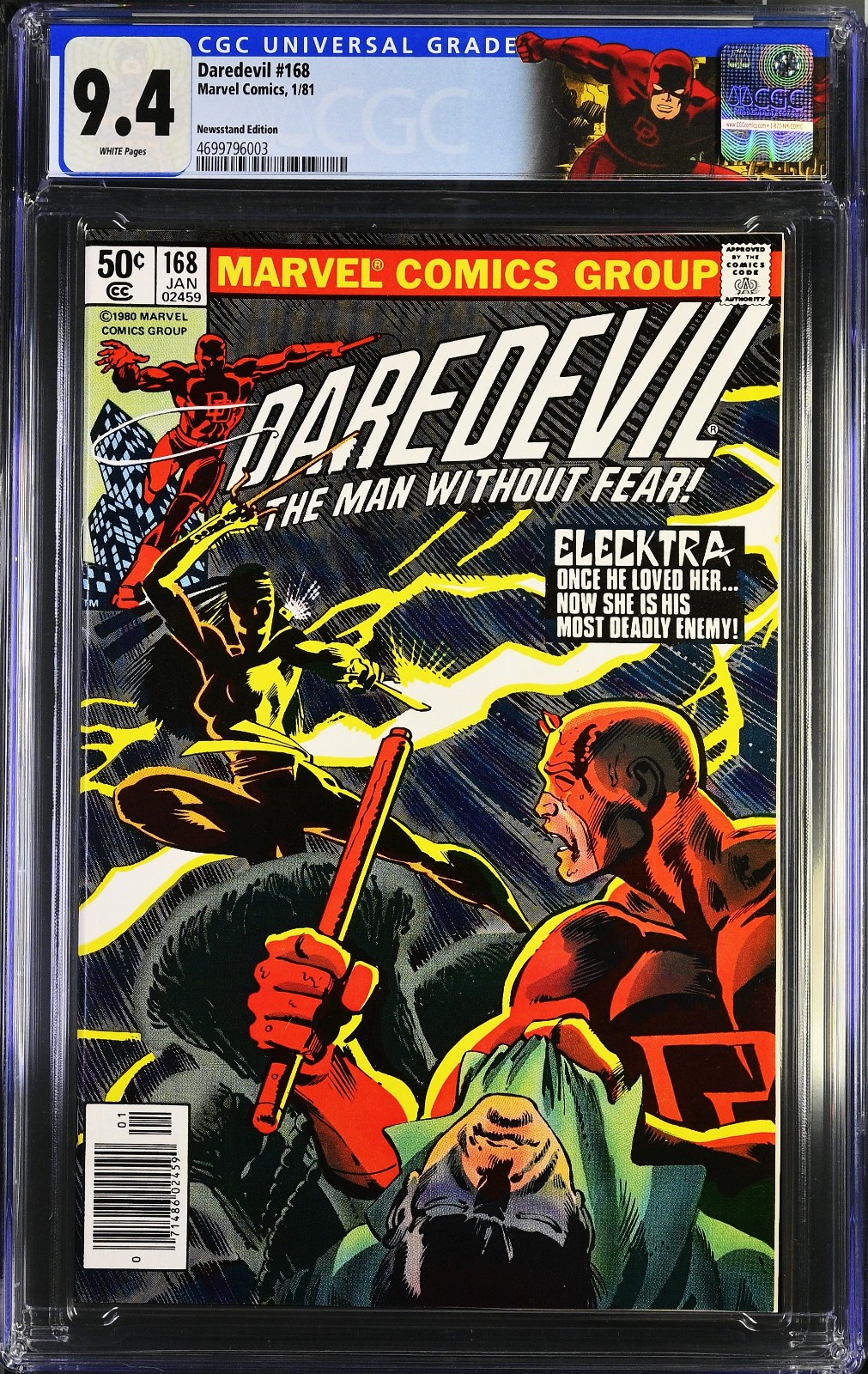 Daredevil #168 (1981) CGC 9.4 NM White KEY 1st Elektra Newsstand Custom Label Daredevil #168 (1981) CGC 9.4 NM White KEY 1st Elektra Newsstand Custom Label