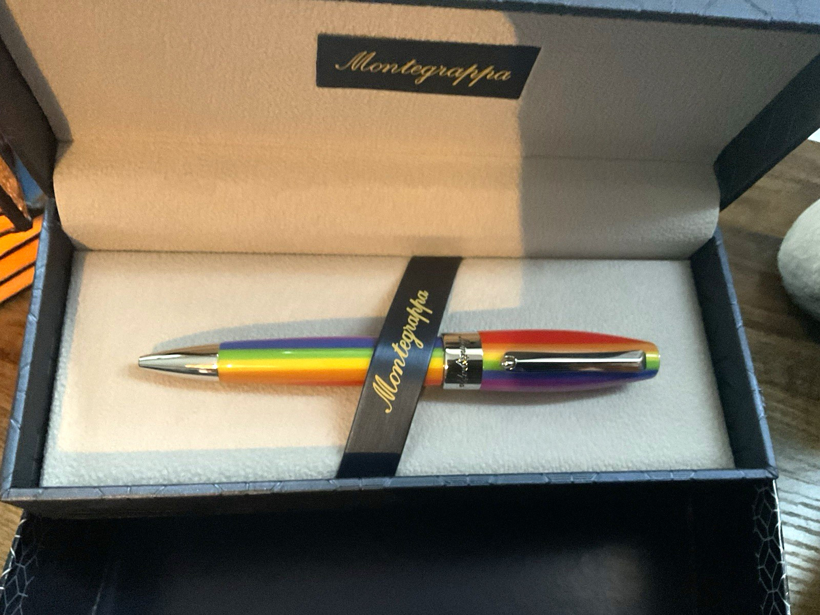 Montegrappa Fortuna Rainbow Resin Ballpoint Pen, Chrome Trim, Blue Ink, Box