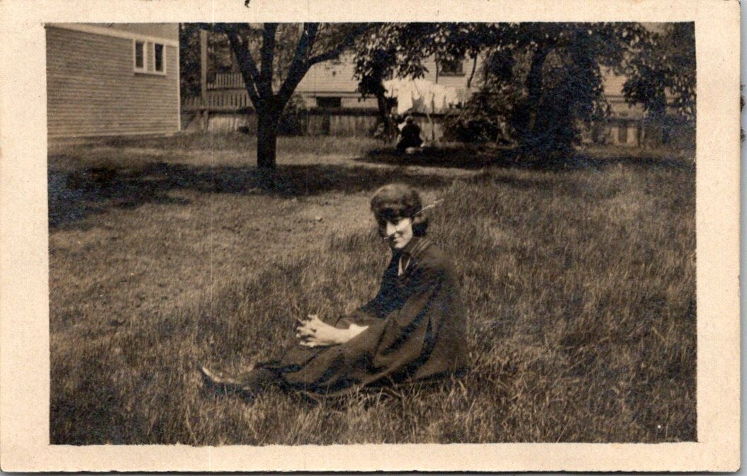 1919 Cute Young Woman w/ Big Hair Smiling & Posing Outside FOUND B+W Photo 00652