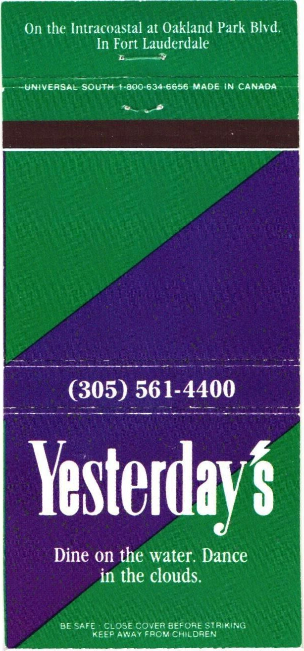 Yesterday\'s Fort Lauderdale FL Vintage Matchbook Cover 1980s Seafood