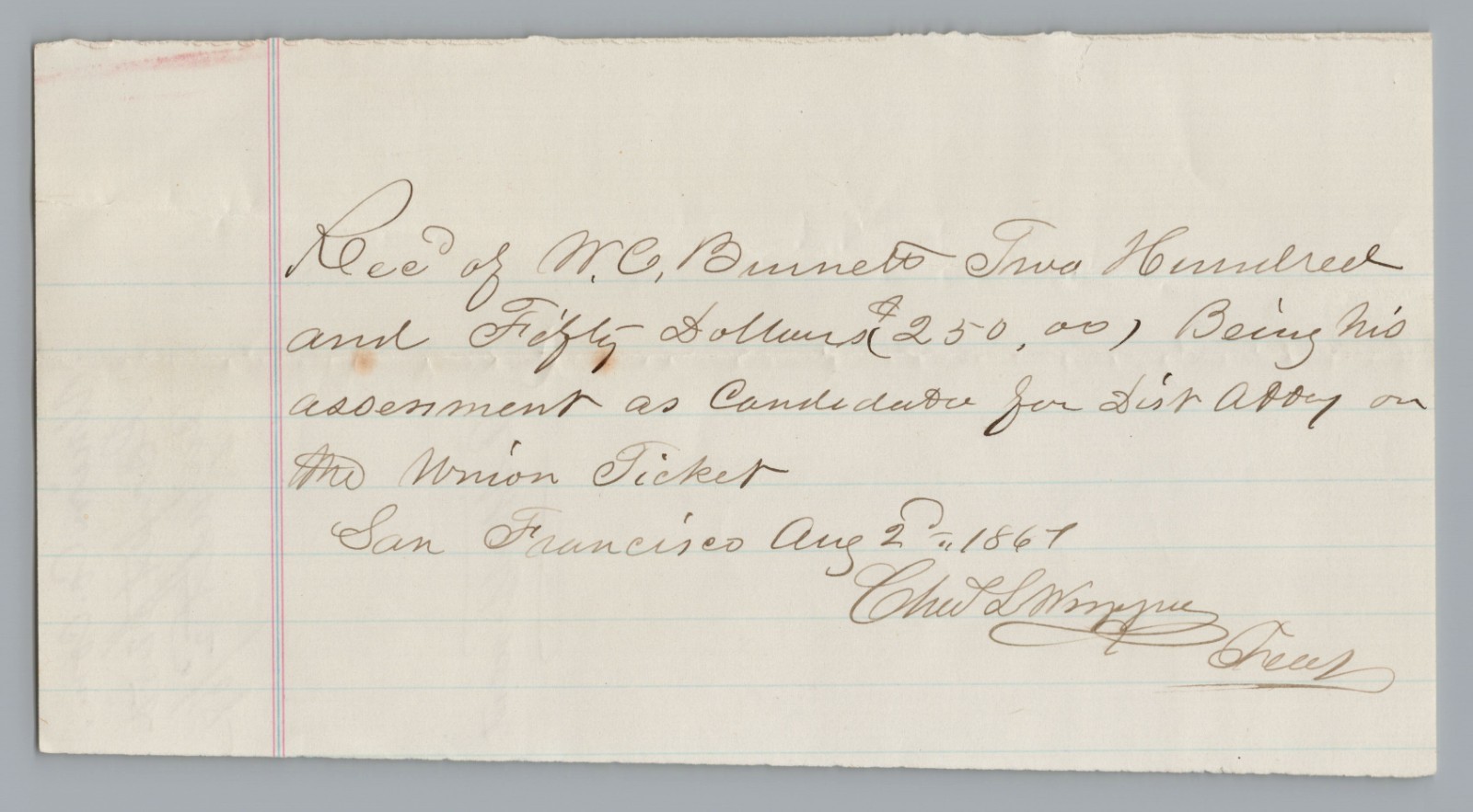 1867 San Francisco CA Union Party Campaign Assessment Receipt RARE 1867 San Francisco CA Union Party Campaign Assessment Receipt RARE