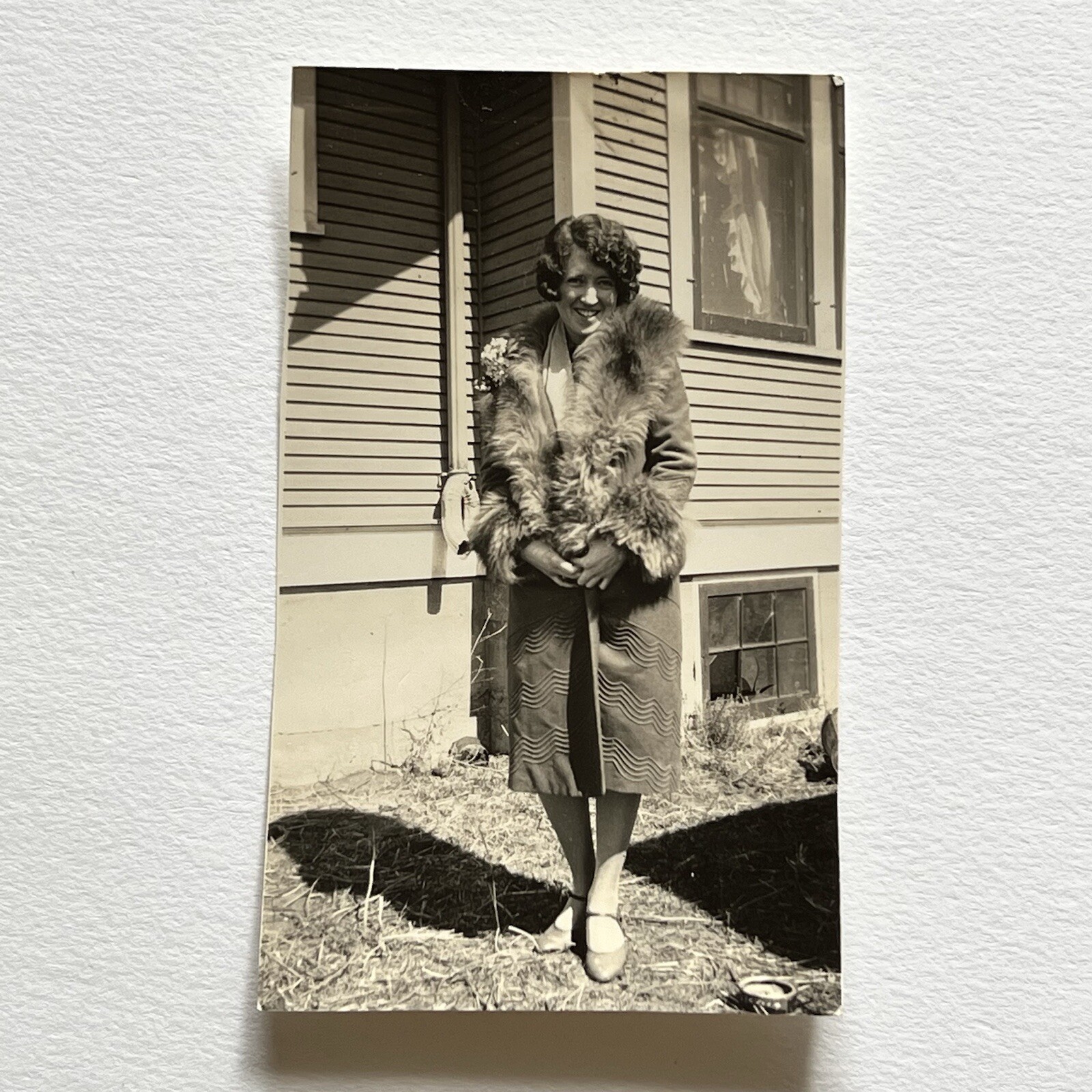 Vintage Snapshot Photograph Beautiful Young Woman Flapper Fur Coat Great Hair