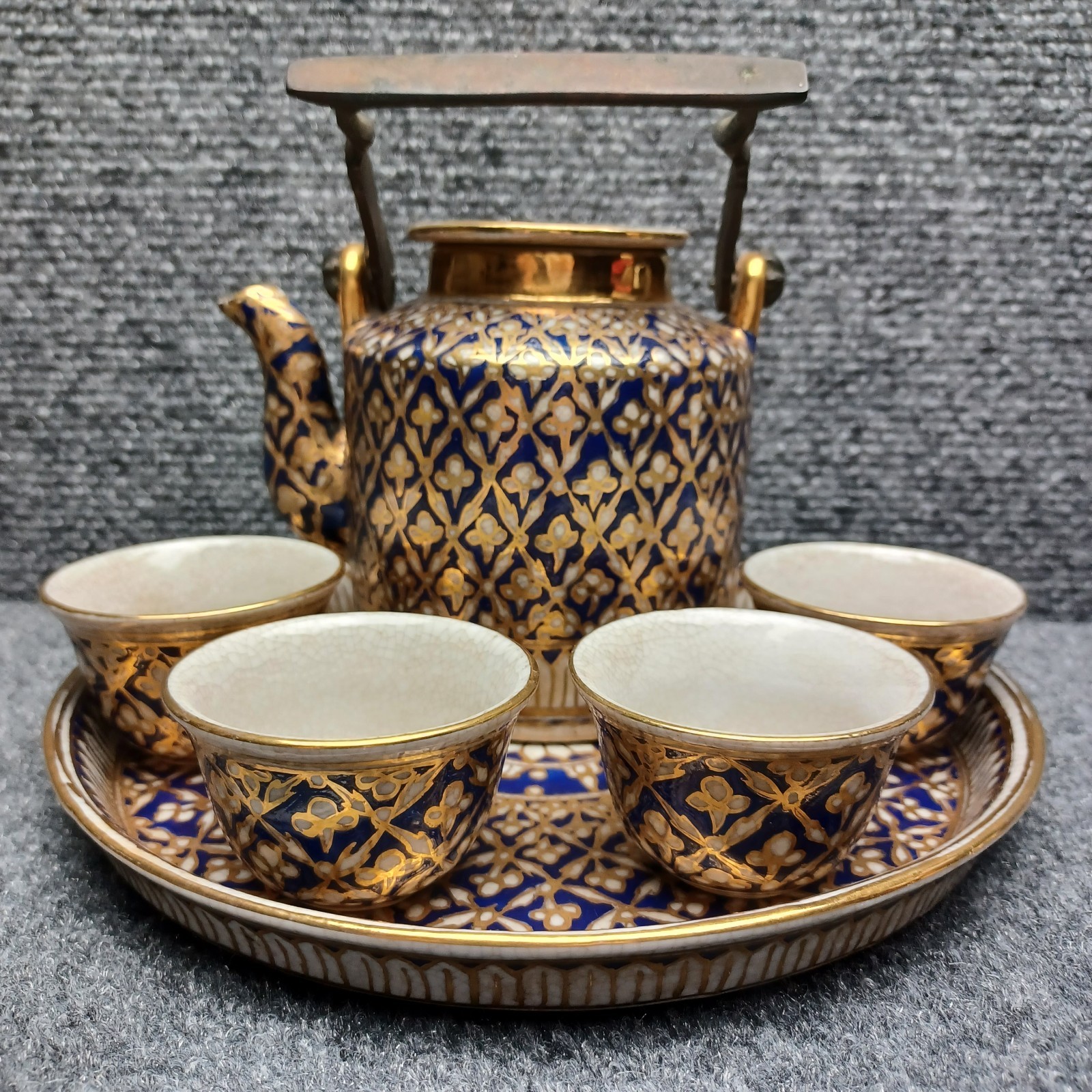 Vintage Thai Benjarong-Style Cobalt Blue & Gold Ceramic Tea Set