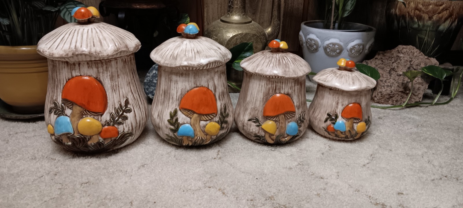 Vintage 70s Arnel's Blue Orange Yellow Mushroom Canister Set - 4 - READ