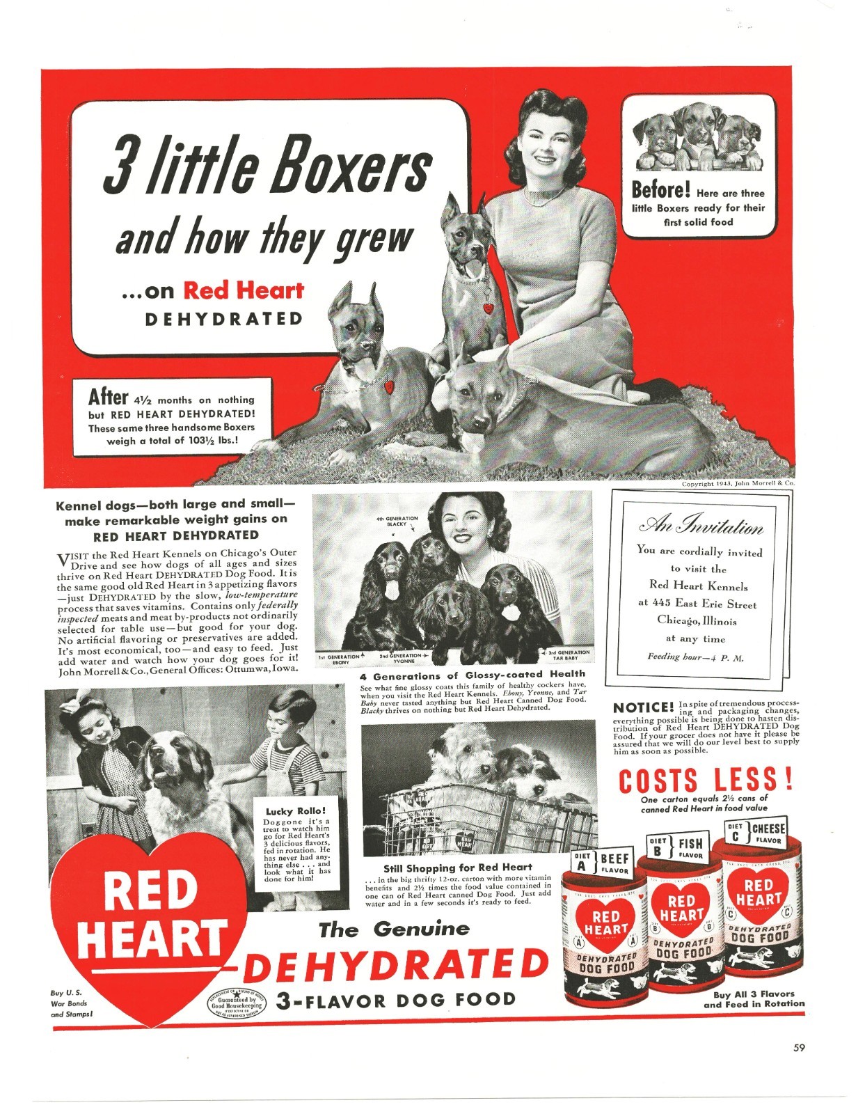1943 Red Heart Dog Food WW2 Vintage Print Ad Boxer Cocker Spaniel War Bonds