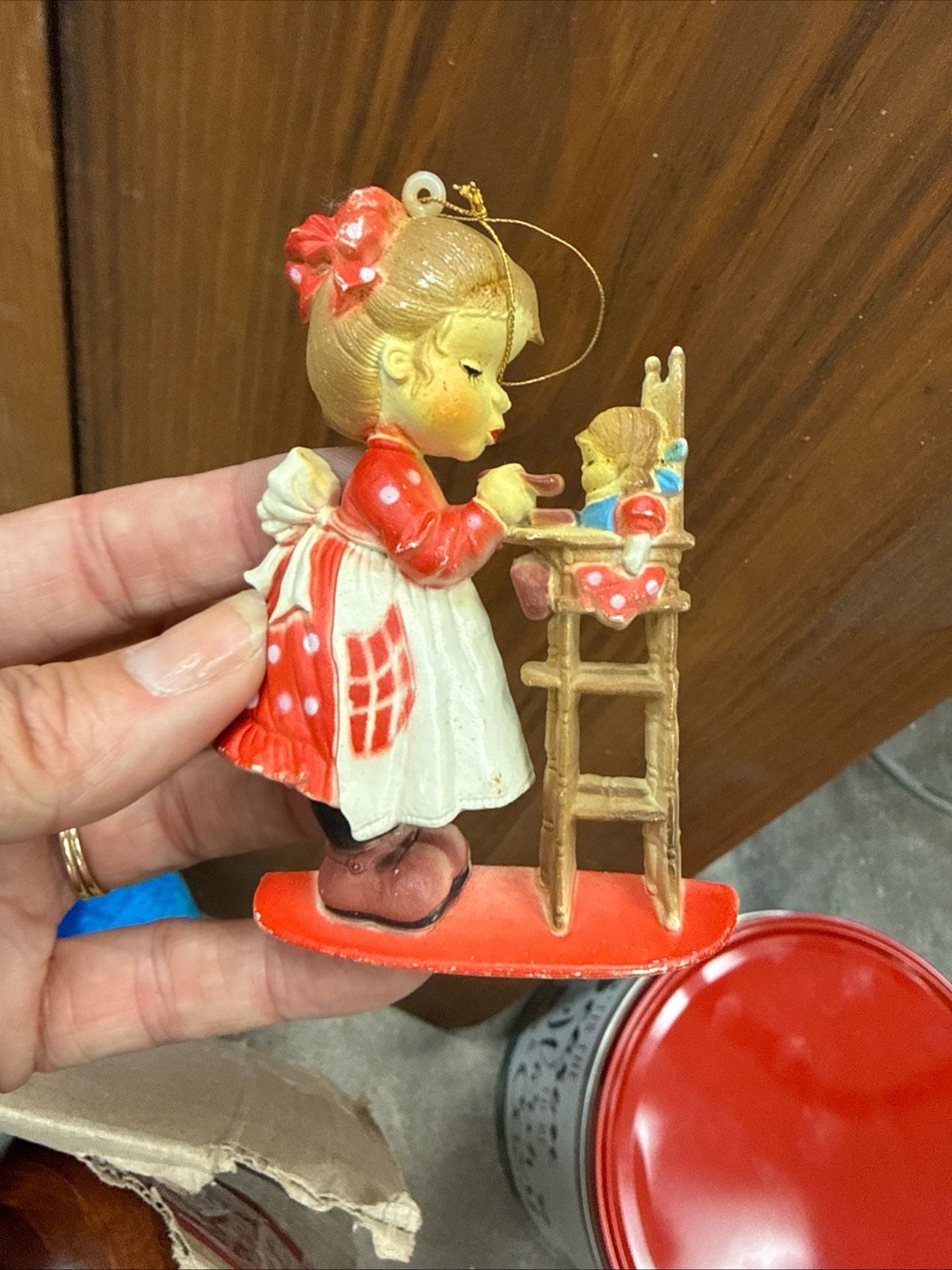 Vintage Travco Hang-Ups Girl Feeding Baby Doll in Highchair Christmas Ornament