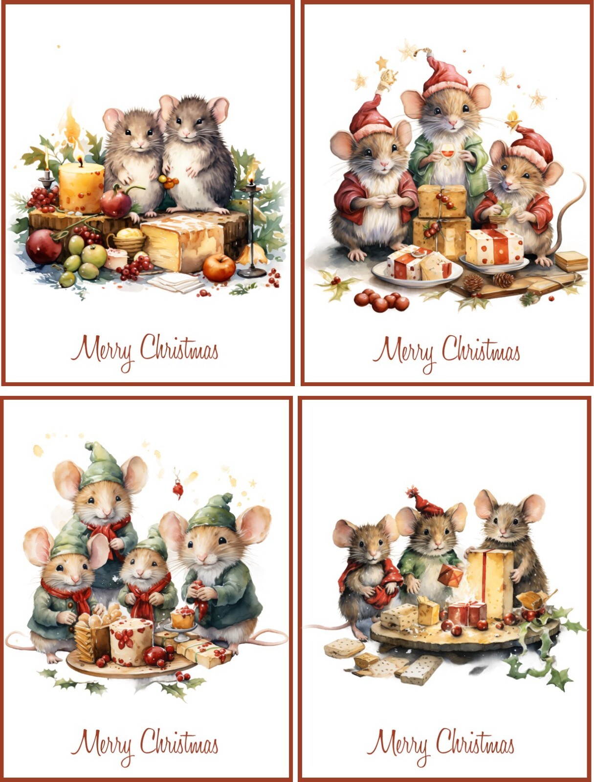 8 Christmas Mice Mouse Christmas family glossy blank cards with red envelopes