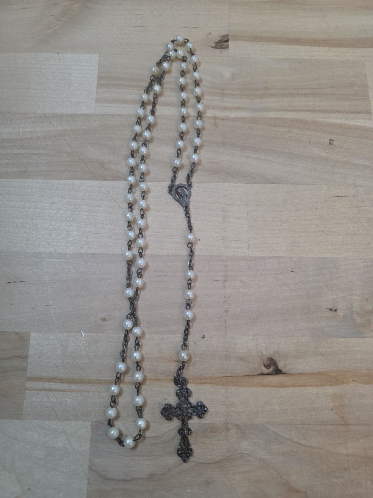 Faux Pearl Silver Tone Catholic Rosary Crucifix Cross Prayer Necklace