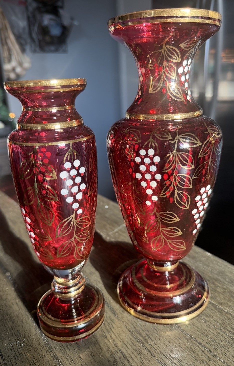 Murano Glass Classic Cameo Cranberry Red Gold Gilded Stripe & Grapes Vases Italy