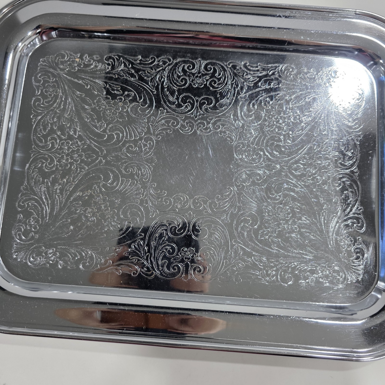 Silver Polished Metal Serving Tray Rectangle Engraved Pattern with Handles