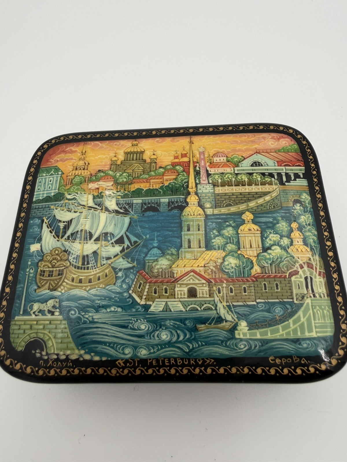 Kholuy Russian Lacquer Box St Petersburg Signed A Serov Hand Painted Vintage
