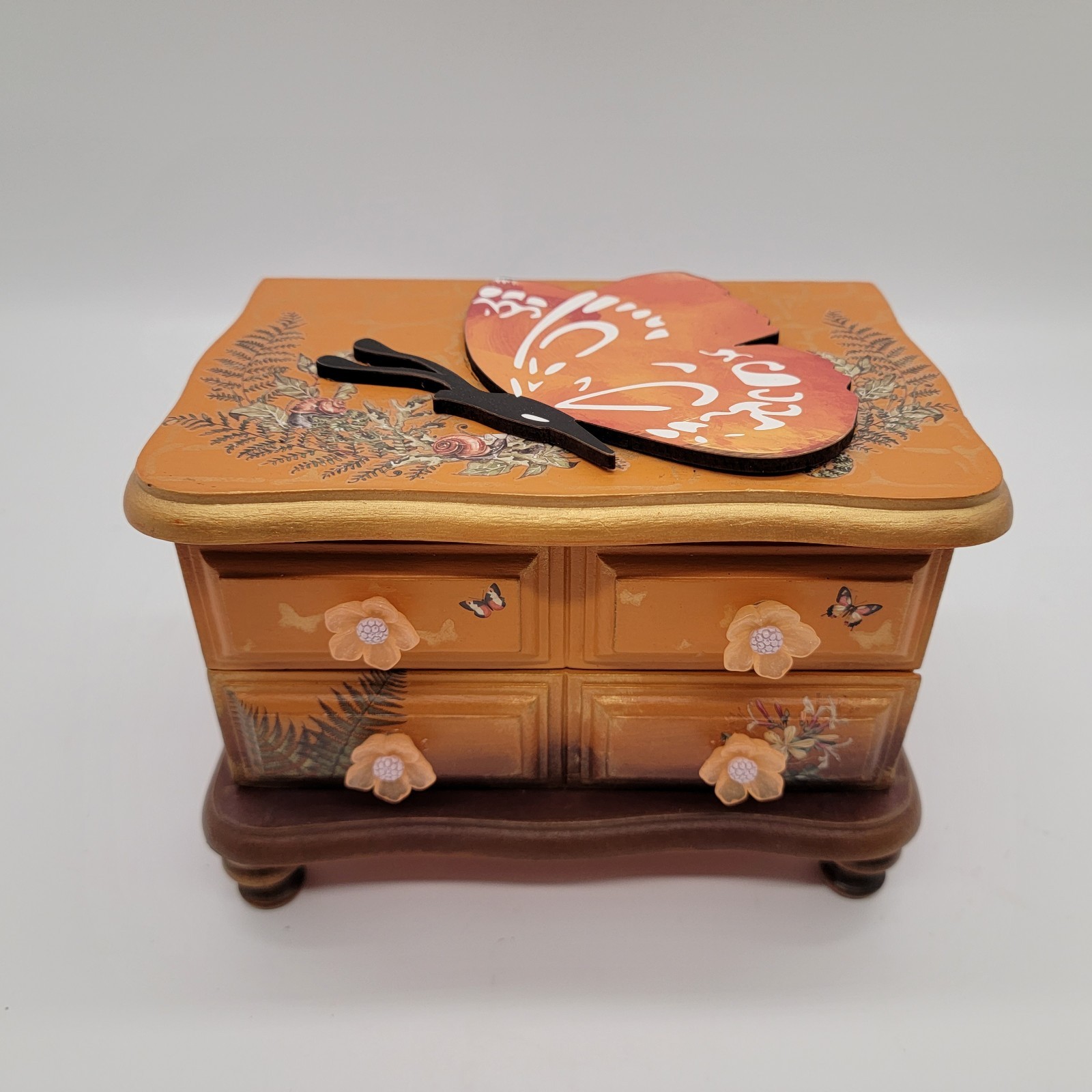 Vtg Hand Painted Wooden Jewelry Box Lidded Trinket Box Monarch Butterfly Orange