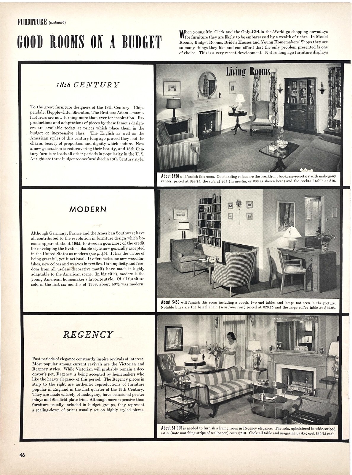Fantastic MCM 18th Century Regency Furniture Prices 1939 Vtg Magazine Excerpt