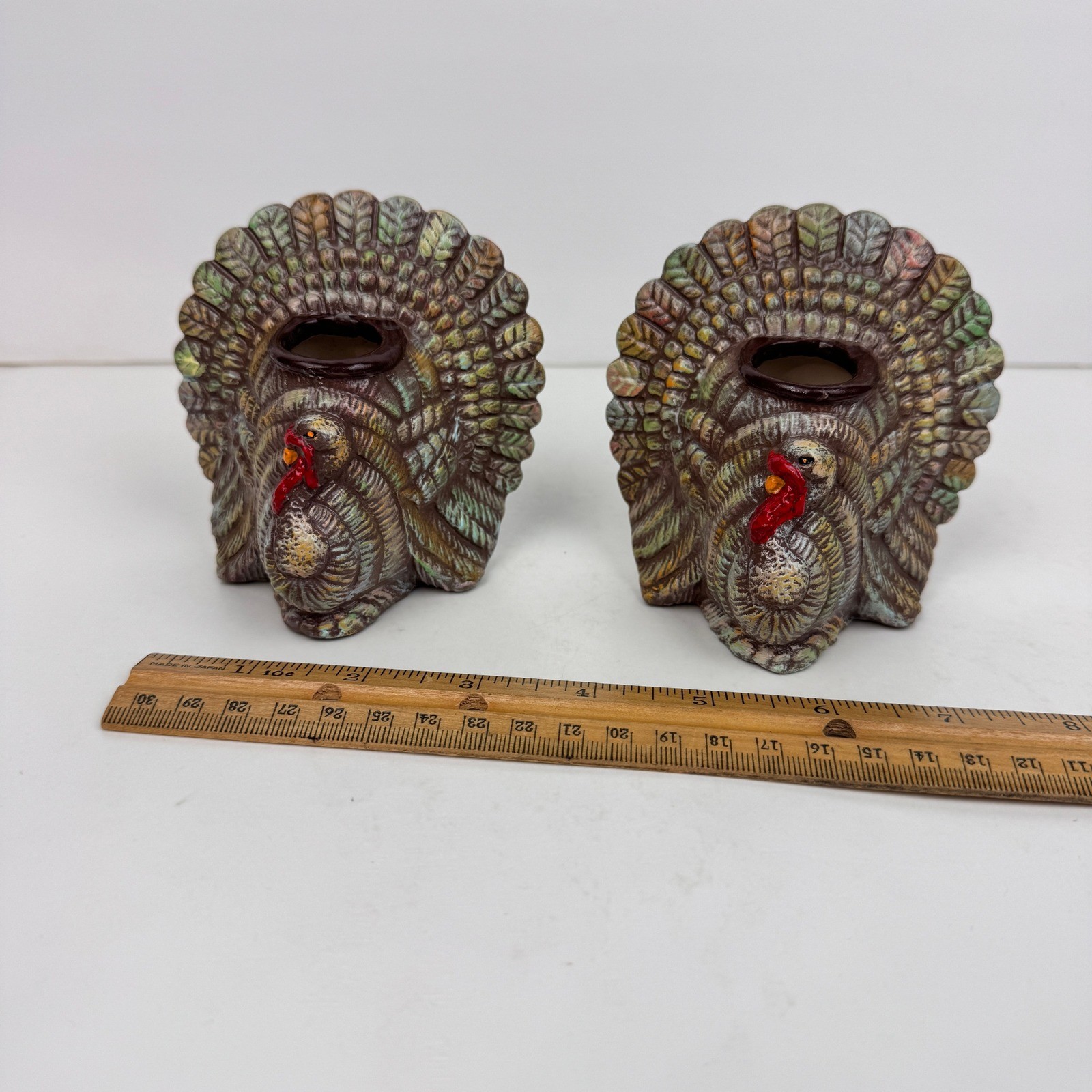 Vtg Set Turkey Thanksgiving Ceramic Candlestick Holders Tabletop Fall Autumn MCM