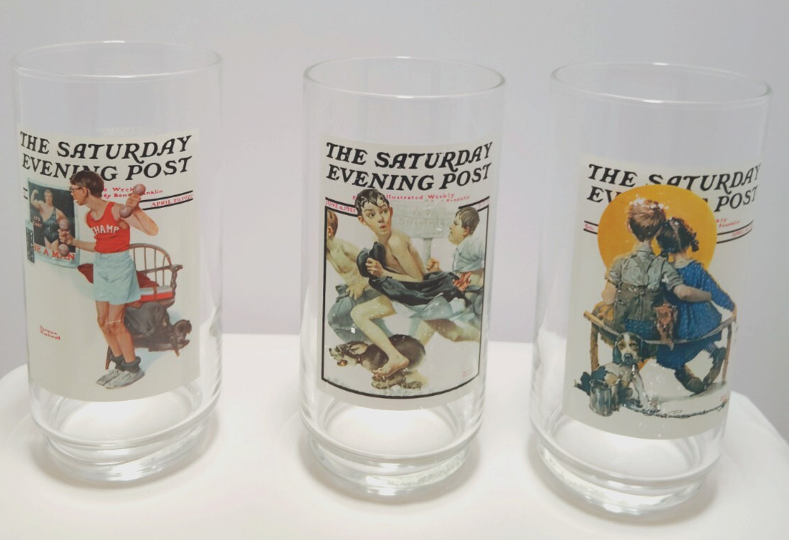 Arby\'s Norman Rockwell Saturday Evening Post Glasses Set 3 Spooners Champ 1987 Arby\'s Norman Rockwell Saturday Evening Post Glasses Set 3 Spooners Champ 1987