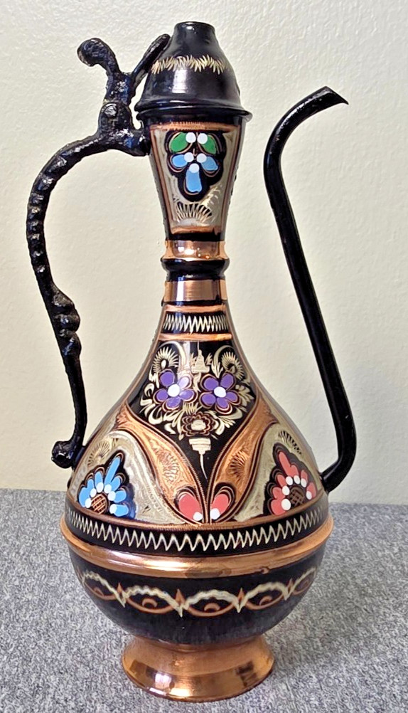 Turkish Copper Pitcher Ewer Ibrik Hand Carved & Enameled Decorative Hand-painted