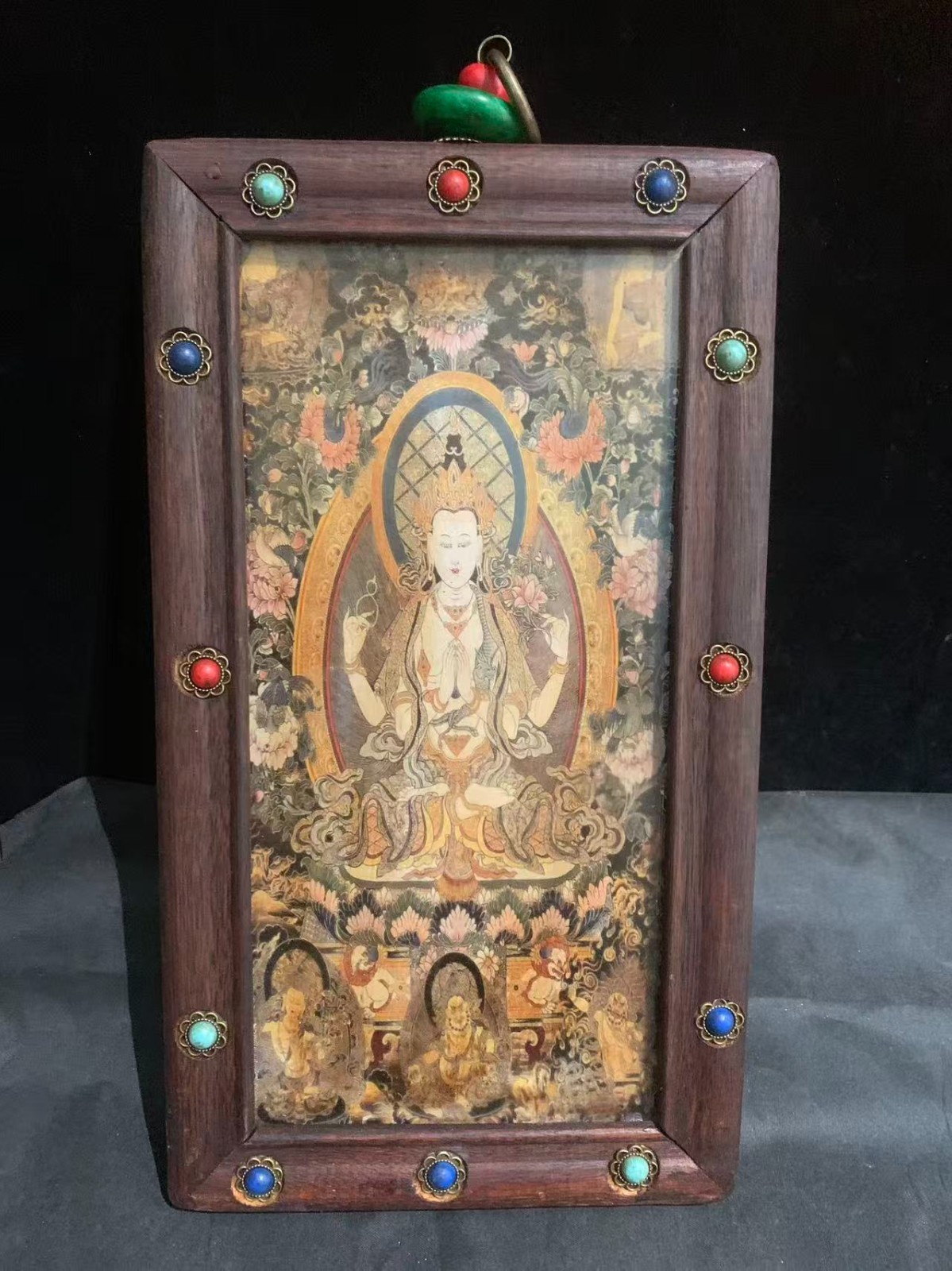 Excellent Hand Made Tibetan Wood-Framed Thangka,Four-Armed Avalokiteshvara ！！！