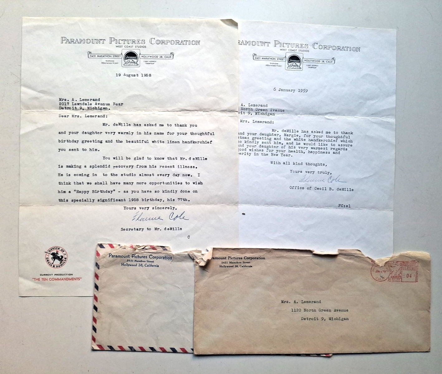 2 letters from the office of Cecil B. deMille, signed by his secretary, 1958-\'59
