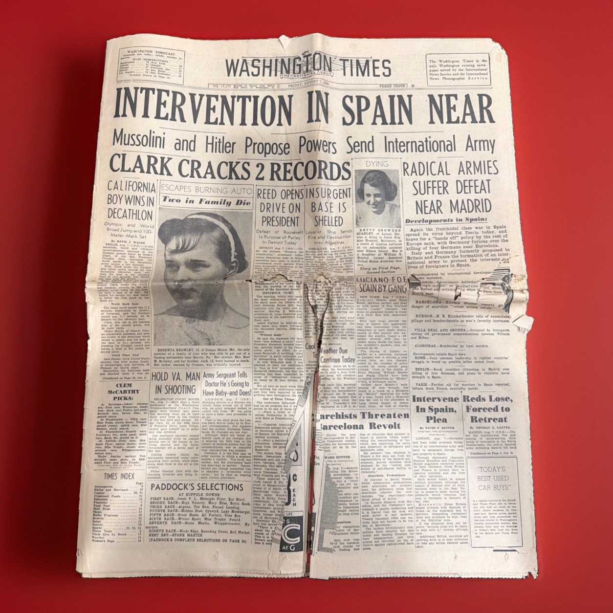 Washington Times August 7th, 1936 WW1 Newspaper 