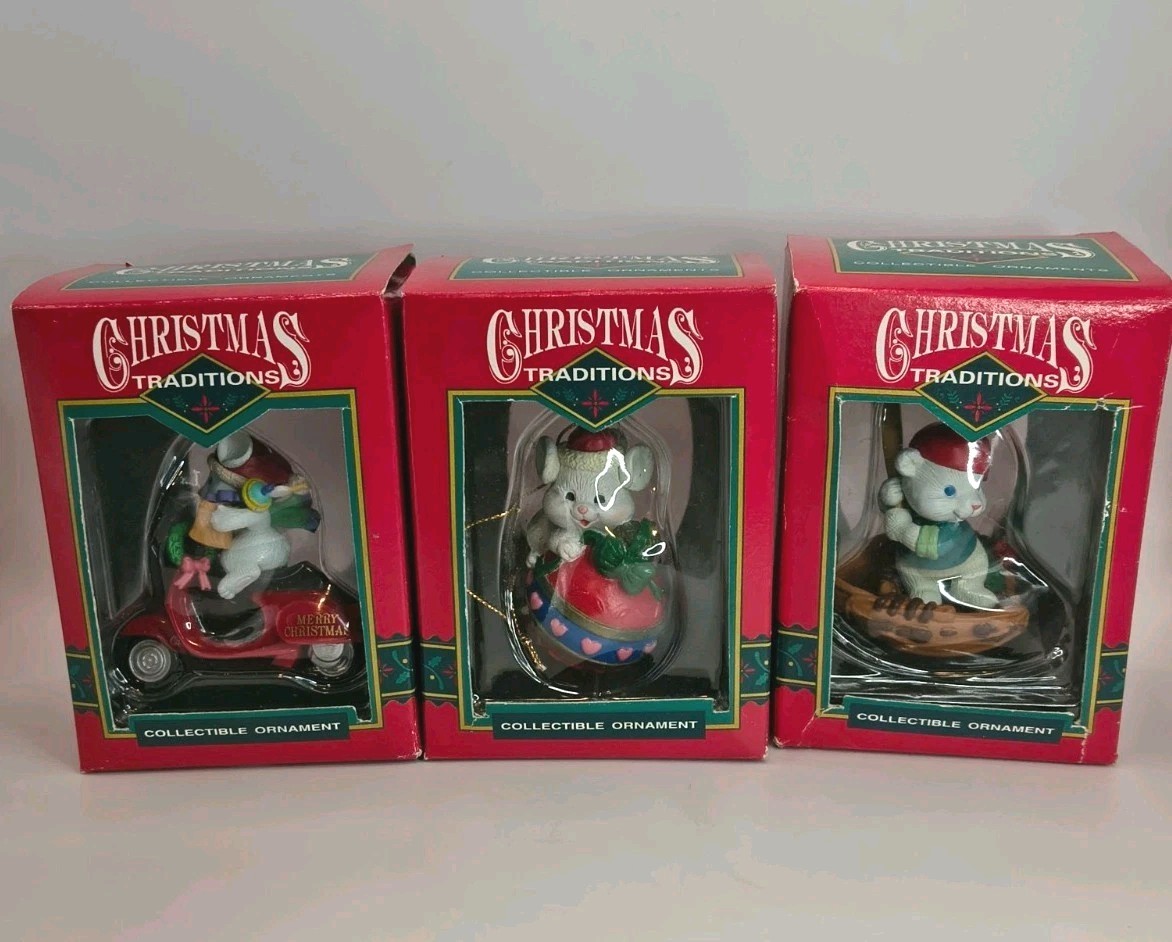 Vintage Christmas Traditions Ornaments Builders Square Mouse Bear Boxed Lot Of 3