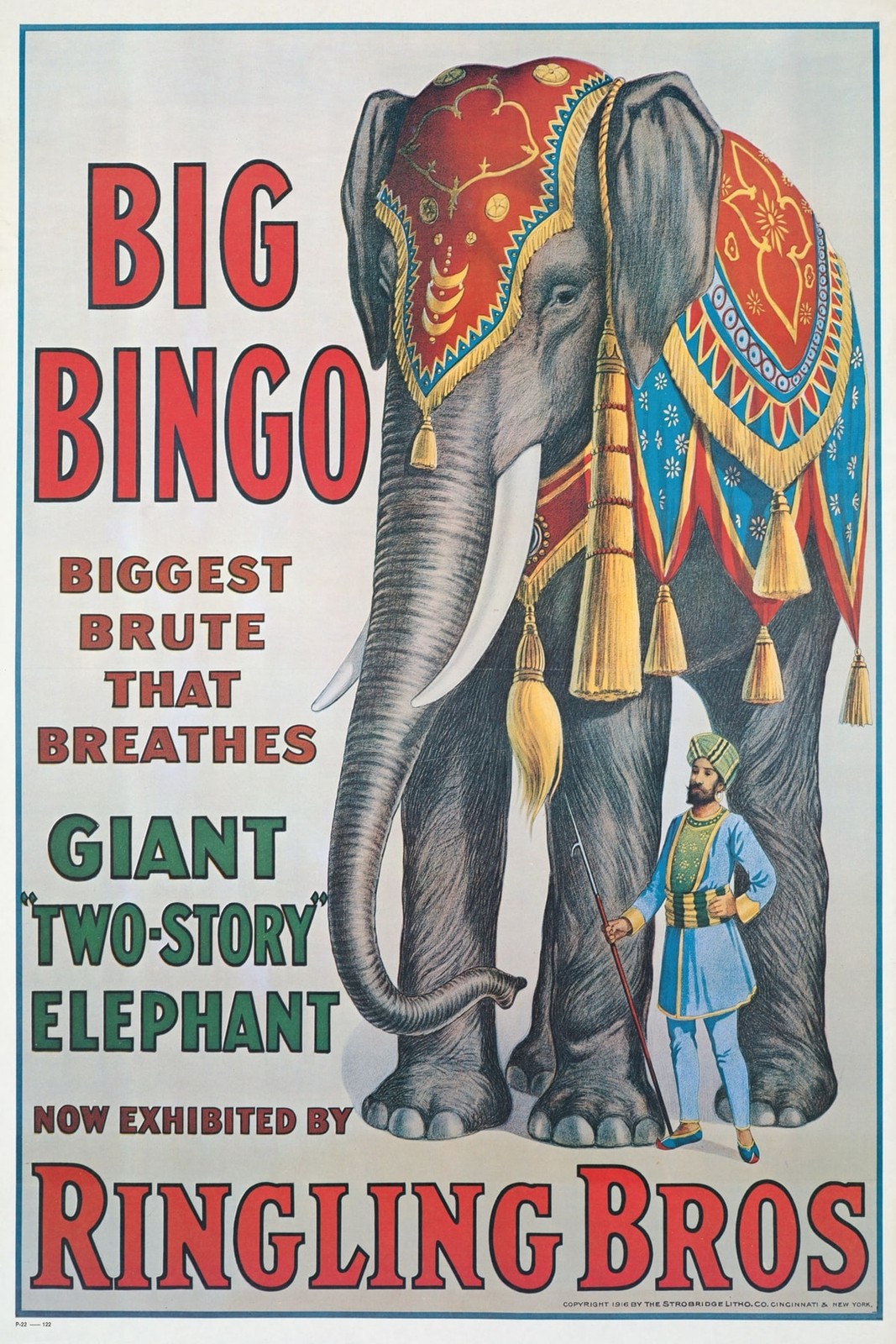 🎪 Ringling Bros Big Bingo Elephant Poster - 16x24” - Early 20th Century Decor