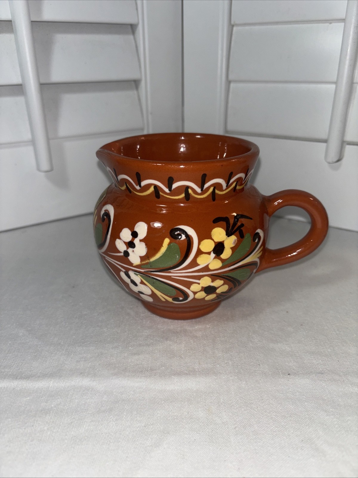 Hungarian Vintage Red Ware Pottery Mini Pitcher Hand Painted Flowers Folk Art