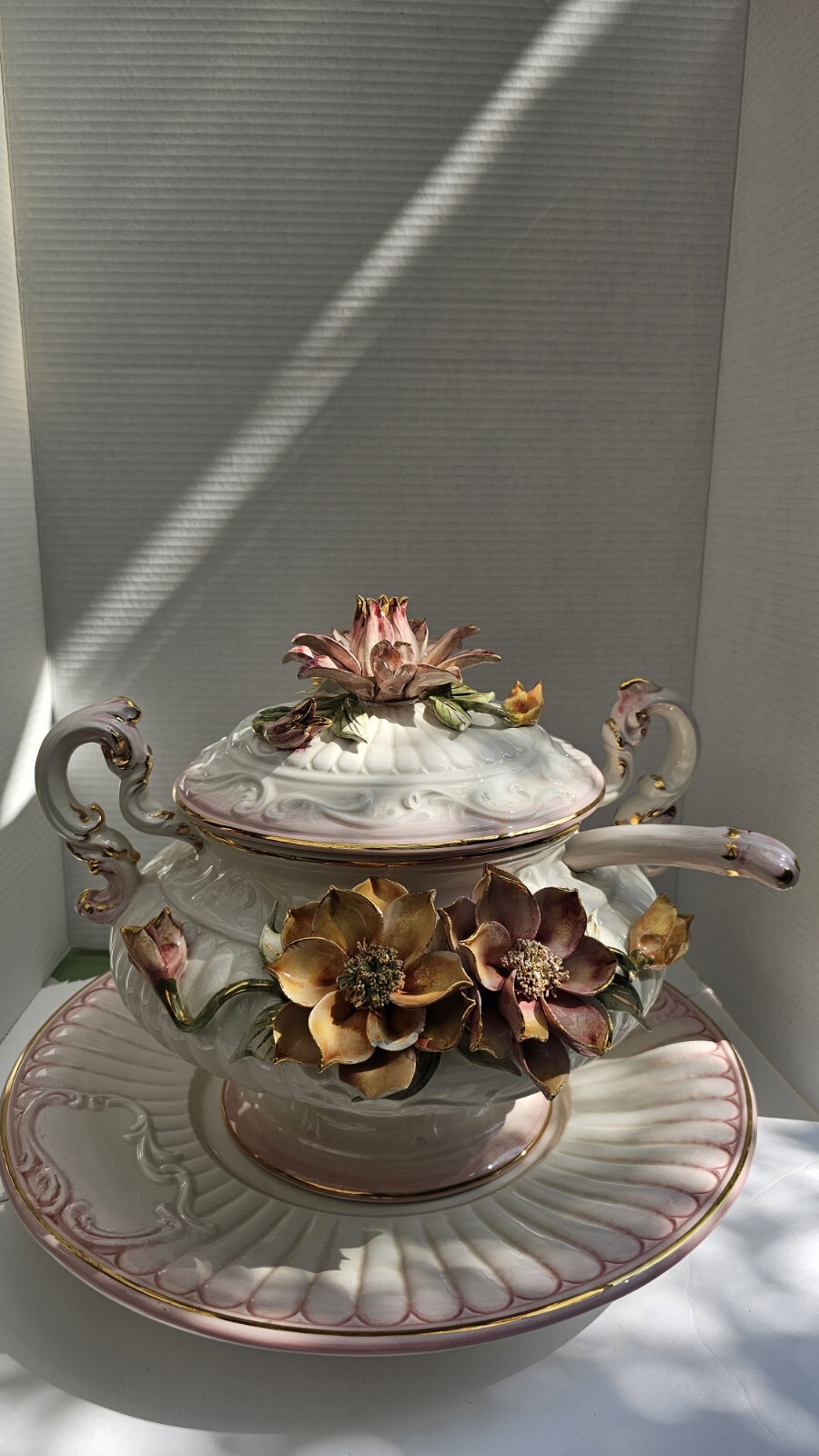 Medieval C.1940s Vintage Floral Large Capodimonte Soup Tureen Holiday Italian