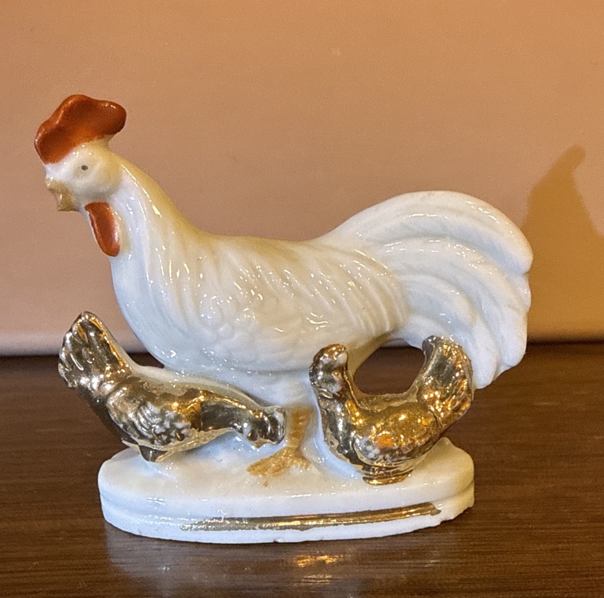 Vintage German Porcelain White Rooster With Gilded Gold Chicks Figurine