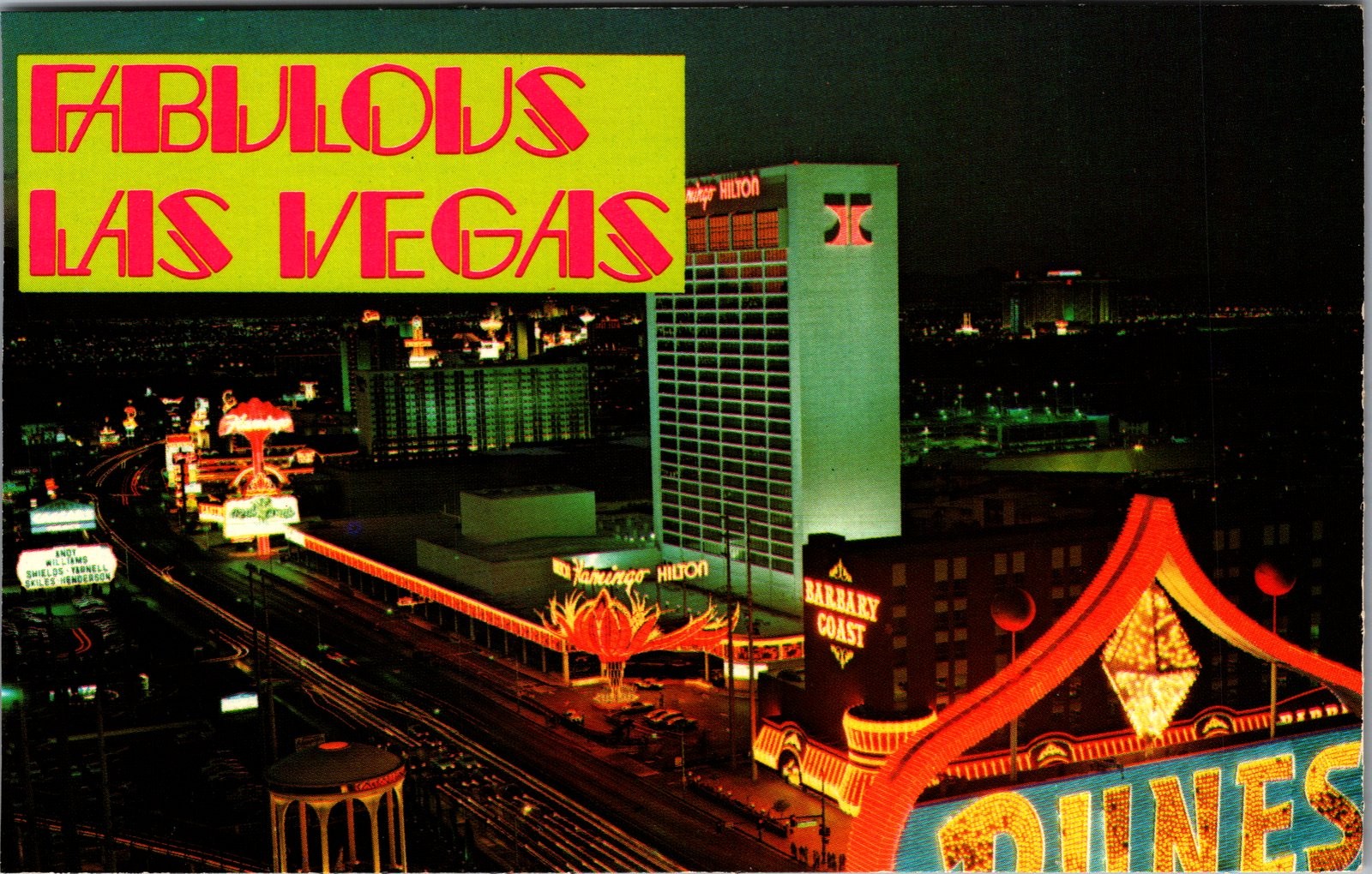 Vintage Las Vegas Strip Postcard Night View Flamingo Hilton Barbary Coast Dunes