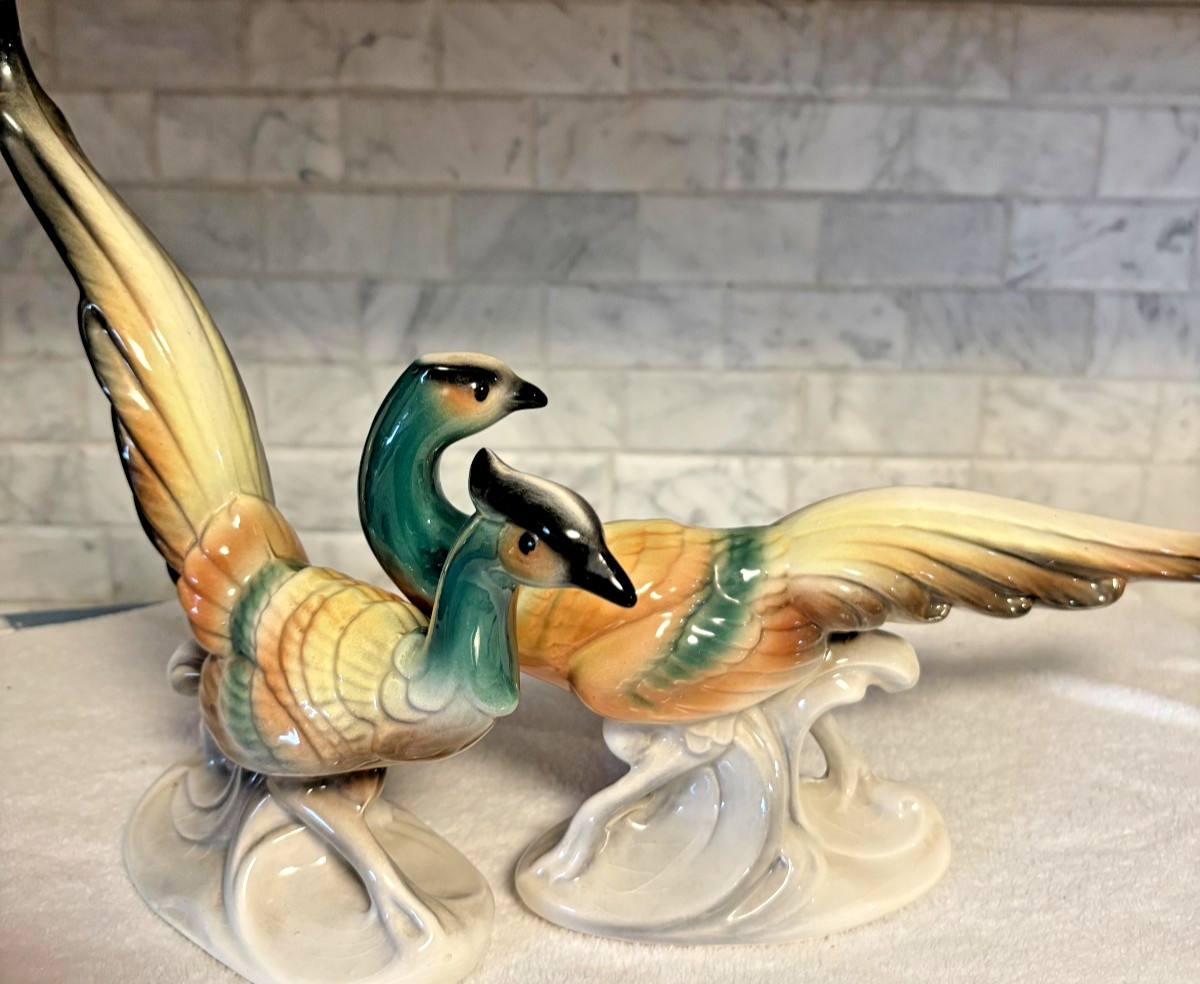 2 Vintage Royal Copley Spaulding Glazed Porcelain Ring Neck Pheasant Figurines
