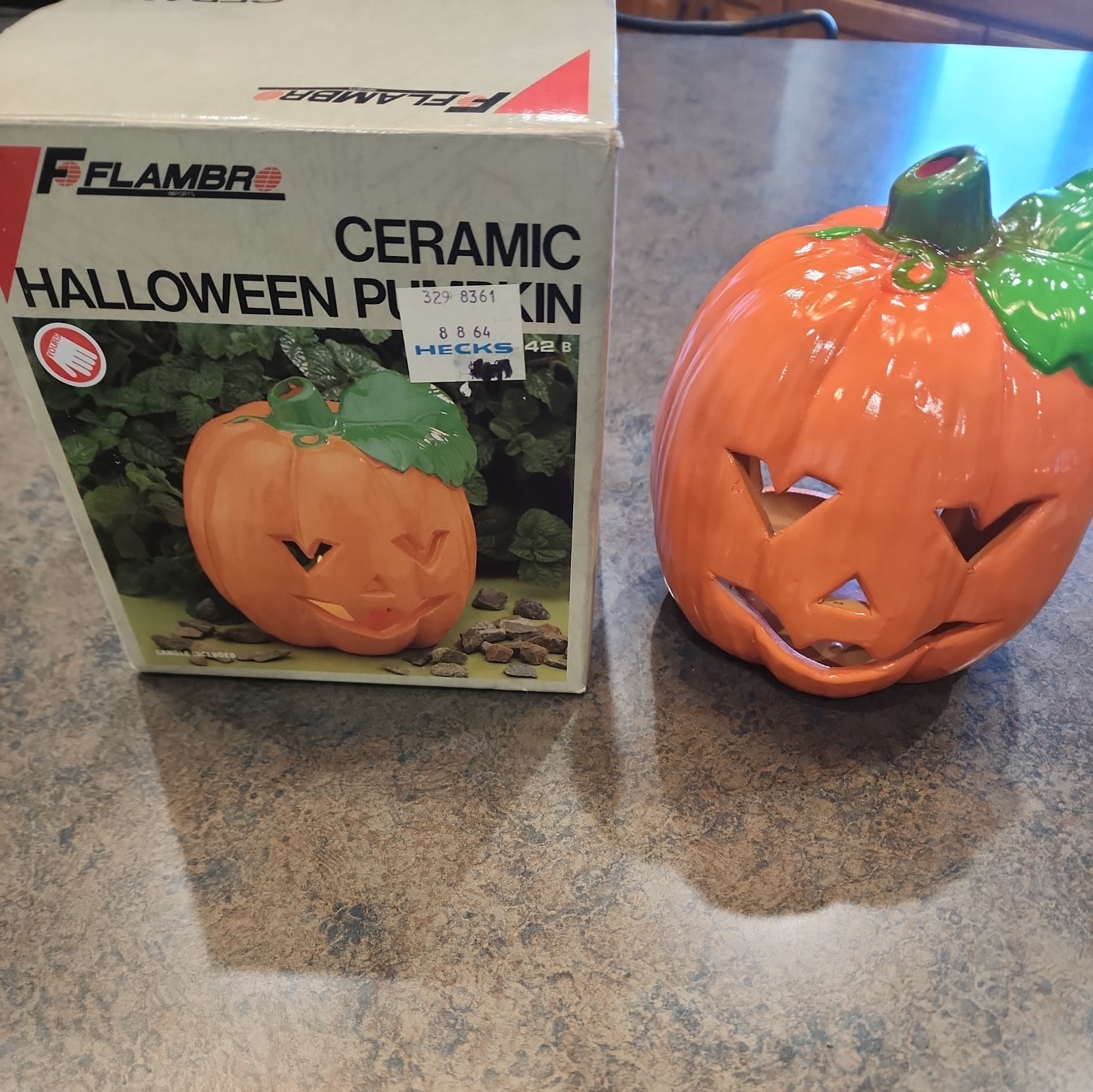 1988 Vintage Flambro Ceramic Pumpkin Jack O' Lantern Halloween 7” Candle Holder 1988 Vintage Flambro Ceramic Pumpkin Jack O' Lantern Halloween 7” Candle Holder