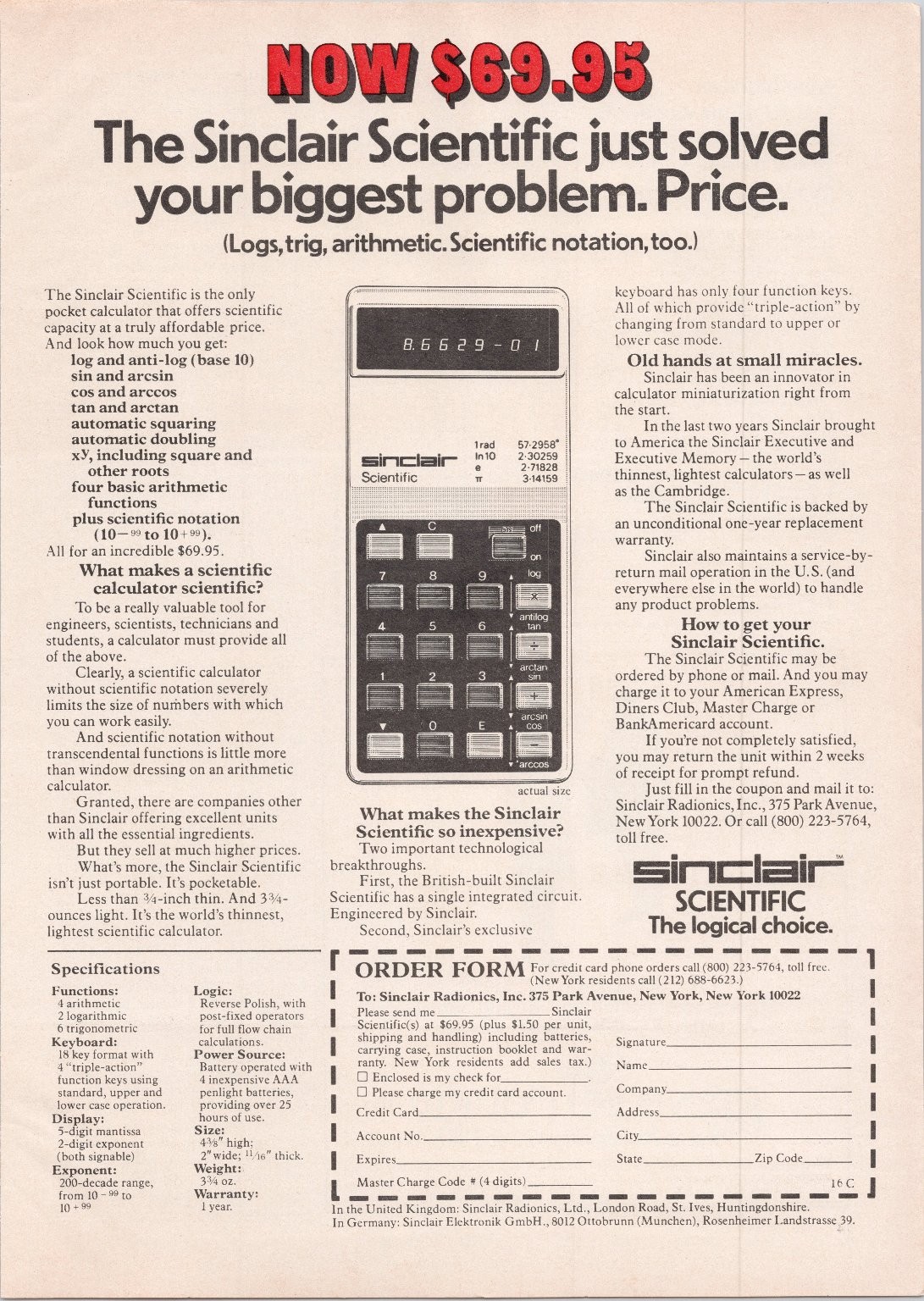 Sinclair Scientific Vintage Print Ad Scientific Calculator 1974